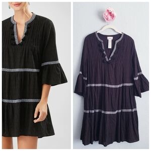 Tommy Bahama Black Embroidered Tassel V-Neck Cotton Tunic Dress